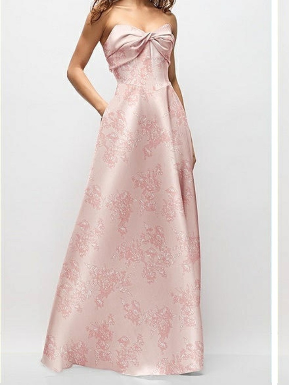 Dessy Group Strapless Twist Cuff Neck Floral Satin Maxi Dress